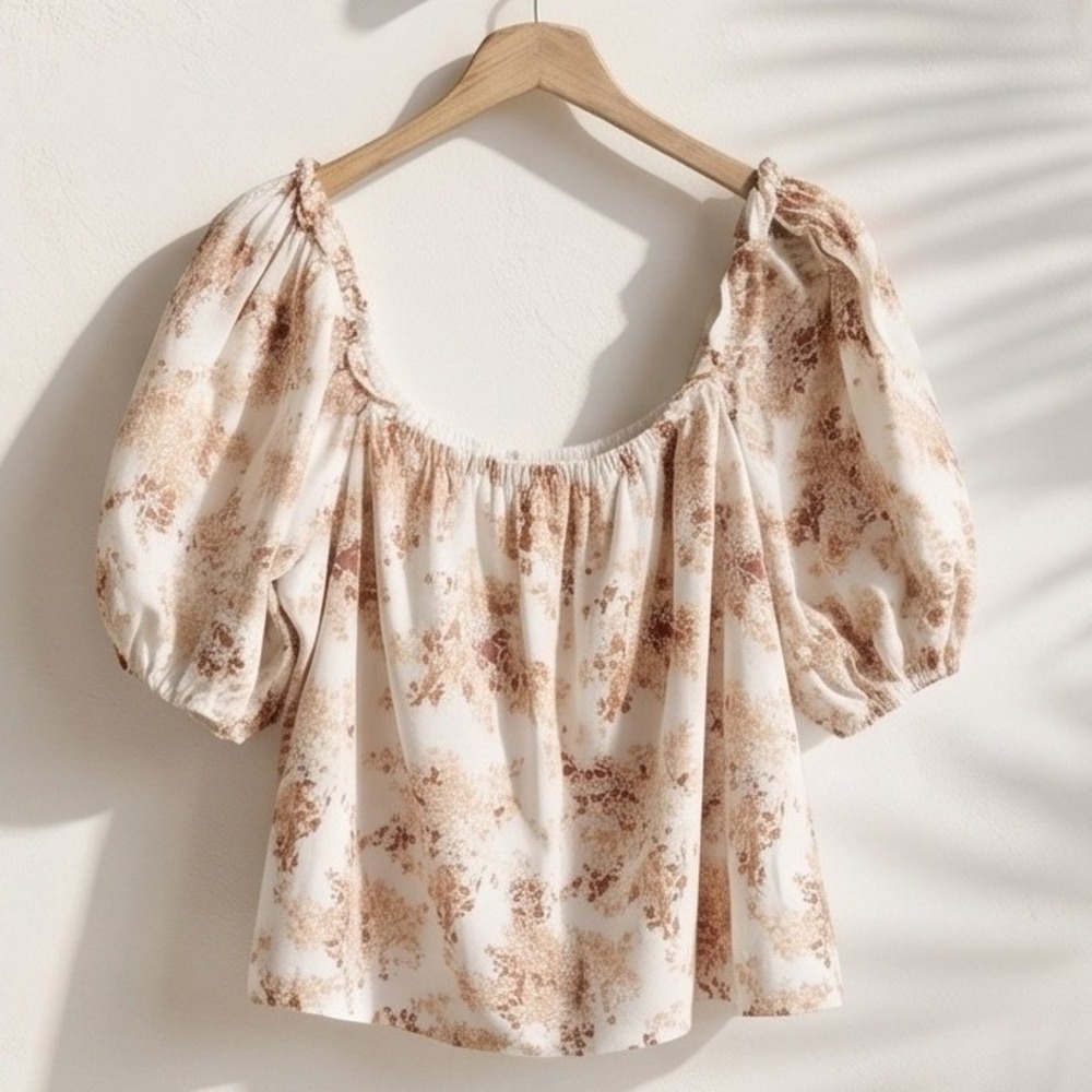 Abercrombie & Fitch XXL Floral Puff Sleeve Linen Blend Crop‎ Top Cream Brown NEW